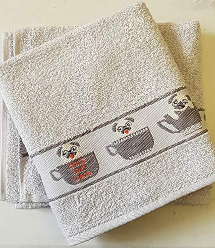 Sue Rossi Ltd 100% Cotton Tea Towels Embroidered Animal Cooks Cloth 3 Pack Kitchen Towel Set (Silver Grey Pug)