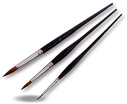 Assortiment de 3 brosses rondes à lettre martre Kolinsky pure | N°2-8-12 bout pointu | Virole laiton nickelé | Manche long noir | Pinceau artiste peinture acrylique huile gouache | Kibros 217_div