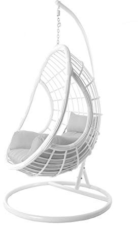 Kideo® Komplettset: großer Hängesessel mit Kissen, Korbsessel, Swing Chair, Loungemöbel (Gestell- und Korbfarbe: weiß, Kissen: Nest grau (8008 Cloud))