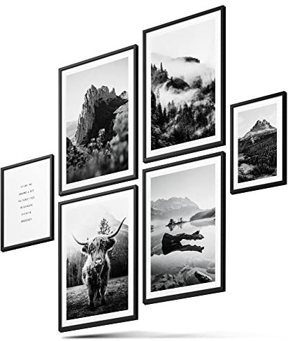 BLCKART Infinity Poster-Set Highland Cow - beidseitig bedruckte Wandbilder - schwarz weiße Premium Poster - Bilder zur Wanddekoration - Größe L 4x A3 und 2x A4