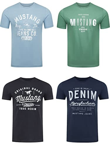MUSTANG Tshirt Herren Baumwolle Regular Fit 4er Pack Set Rundhals Kurzarm Sommer Tee Shirt Logoprint, Größe:L, Farbe:Farbmix (P21)