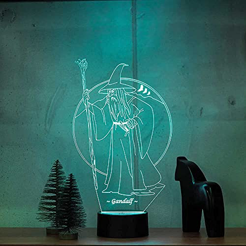 KJsdaADSA Luce notturna 3D Il Signore degli Anelli Gandalf Luce notturna moderna Illusione ottica 7 diversi colori con batteria e decorazione USB Lampada da tavolo LED RGB