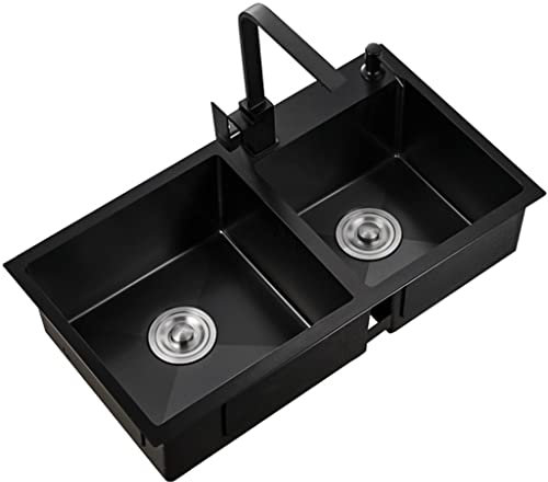 Kitchen Sink Fregaderos De Cocina, con Grifo, Fregadero De Preparación Cuadrado Negro, Fregadero Individual Cepillado De Acero Inoxidable 304, Instalación Empotrada O Bajo Encimera