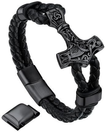 Bandmax Wachsschnur Armband mit Schwarz Thors Hammer geflochten Lederarmband mit Magnet Verschluss Manschette Armband Modeschmuck für Vatertag Geburtstag Länge 21 CM