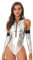 iEFiEL Damen Metallic Body Lackleder Bodysuit Catsuit Wetlook Jumpsuit Langarm/Kurzarm Turnanzug Ballettbody Trikotanzug Tanzkostüm W Silber S