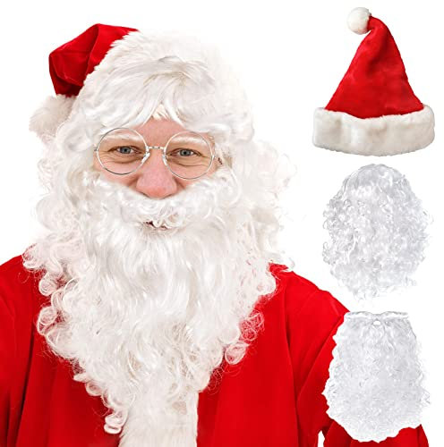 Ctxtqtdt 3 Stück Weihnachtsmütze Weihnachtsmann Bart und Perücke, Weiß Perücke + Bart + Mütze, Nikolaus Bart und Perücke, Weihnachtsmann Kostüm für Weihnachten Halloween Party Deko (A)