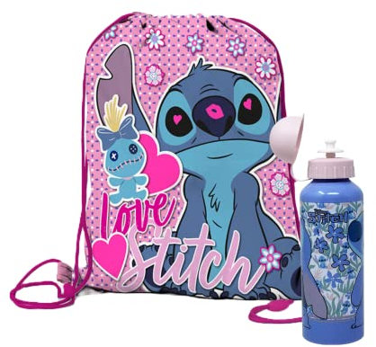Disney Stitch Zaino da Palestra e Borraccia in Alluminio, Zaino da Scuola, Zaino per Ragazze, Borsa da Viaggio, Regalo per Ragazze e Adolescenti - Rosa