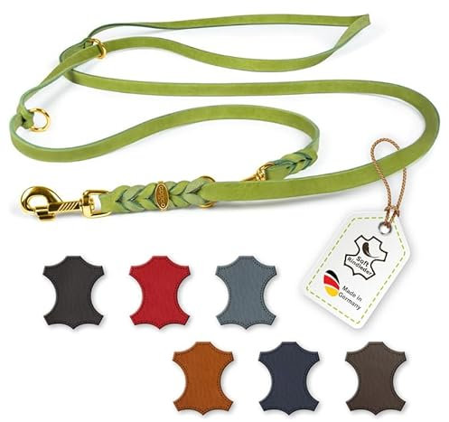 Hundeleine Leder 2m kleine Hunde leicht Fettlederleine [3-Fach Verstellbar] Lederleine geflochten – robuste Leine Hund mit Messingbeschlägen – Führleine Hund & Freihandleine zum Umhängen, Grün 8mm
