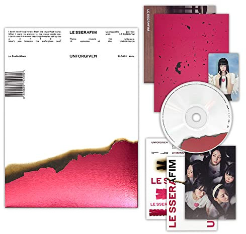 LE SSERAFIM - 1st Studio Album [UNFORGIVEN] (BLOODY ROSE Ver.) Outer Box + Booklet + CD + Photocard + Postcard + Heat Detecting Postcard + Sticker + Folding Poster + 2 Pin Badges + 4 Extra Photocards