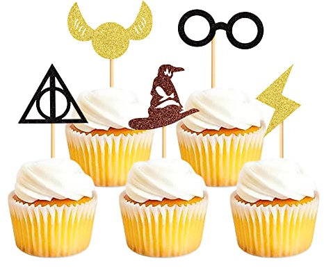 ZpiLkes 30PCS Glitter Wizard Cupcake Magic Wizard Inspired Happy Birthday Party Cake Decoration for Birthday Party Decor Supplies Boy Girl Gifts