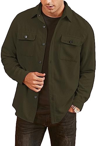 Elegancity Men's Corduroy Shirts Casual Long Sleeve Button Down Trucker Jacket Autumn Winter Coats with Pockets (Green, Medium)