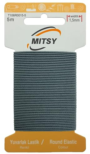 MITSY Reißfeste Rund Gummiband Gummikordel zum Nähen 1.5 mm 5 m Grau | Starkes Rundgummi, Elastisch & Reißfest, Gummibänder, Gummilitze für Handarbeit, Hosengummi, Basteln & DIY
