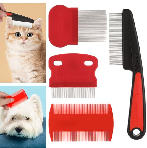 Molain Katze Hund Flohkamm, 4 Pieces Pet Reißen Fleck Entferner Kamm Set Pet Hund Katze Pflege Kamm (Rot)