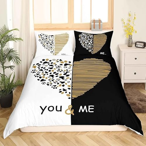 Schwarz Und Weiß Bettwäsche 135x200 Liebe Bettbezug 3 Teilig Set mit 2 Kissenbezug 80x80 cm, Weich Mikrofaser Bettwäsche-Sets mit ReißVerschluss
