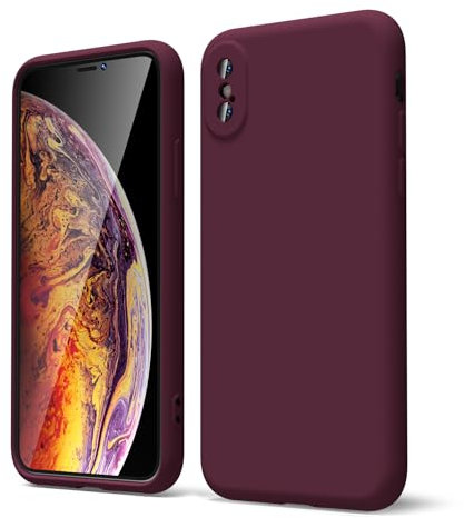 oakxco for iPhone X Case/iPhone 10 Xs Phone Case Liquid Silicone, Thin Slim Soft Rubber Gel TPU Plain Simple Cover for Women Girl Cute, Matte Solid Color, Burgundy Plum Wine