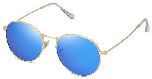 FANFUSUZI Sonnenbrille Damen Kleine runde polarisierte Sonnenbrille für Frauen Männer Klassische Vintage Retro Schatten UV400 (Gold Blue)
