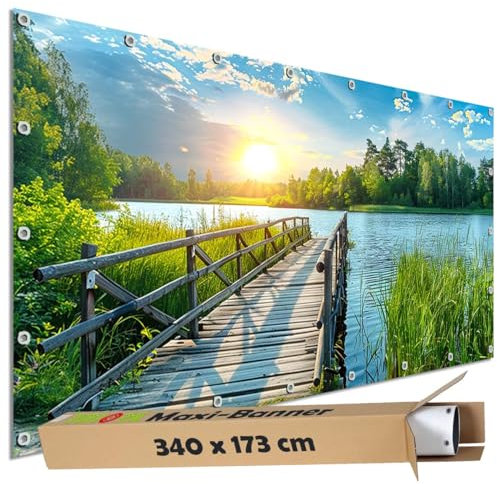 TRIOSK Große Motivplane Sichtschutz Zaunblende mit Motiv Schilfsee Brückenweg Badesteg Motivbanner Garten Deko Plane Blickdicht für Zaun Terrasse Gartenzaun Zaunplane PVC 340x173 cm