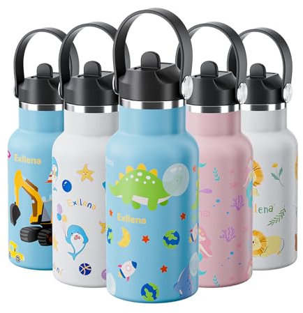 Exllena Edelstahl Trinkflasche für Kinder, 350ML auslaufsichere Thermosflasche mit Strohhalm und Griff, BPA-freie Isolierflasche für Kindergarten und Schule (Dinosaurier)