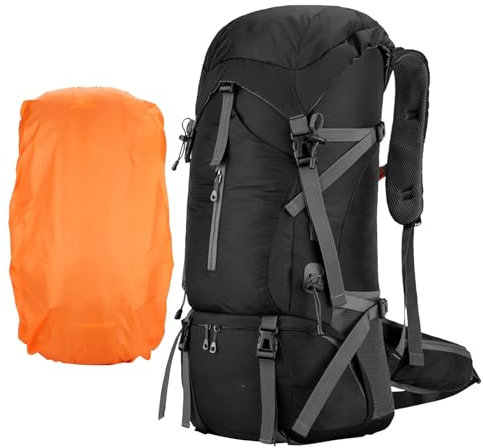 70 l Wanderrucksack, 70 l gepolsterter Wanderrucksack, faltbar, Tagesrucksack mit verstellbaren Schultergurten, atmungsaktiv, ergonomischer Rucksack für Outdoor, Schwarz , Refer to