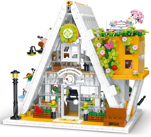 fisca 1413PCS Dreieckige Glasblumen Zimmer mit LED-Licht, Stadt Blumenladen Architektur-Baukasten für Kinder, Jugendliche,Erwachsene