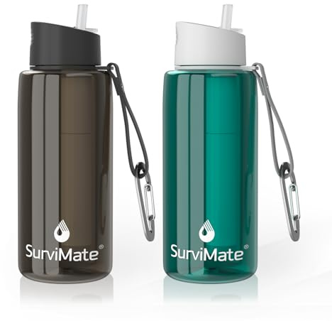 SurviMate Purified Water Bottle for Camping, Hiking, Backpacking and Travel, BPA Free with 5-Stage Intergrated Filter Straw
