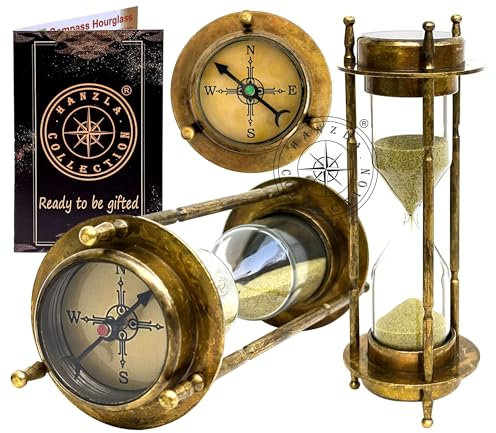 Messing-Kompass-Sanduhr, nautische maritime Sanduhr und Schreibtischuhr, Vintage-Stil, Sanduhr, Metall, dekoratives Sandglas für Geschenk und Heimbüro, Dekor (Patina antik mit passendem Sand)