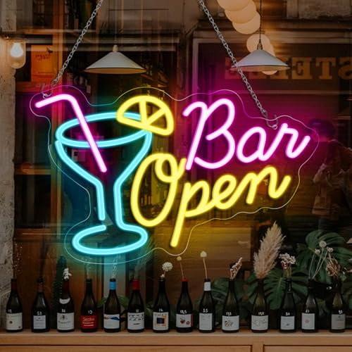 inShareplus Bar Open Neon Schild, Cocktail Leuchtreklame für Wand, Dimmbar Bar Schild mit USB-Betrieb, Open Schild für Bar, Hausbar, Club, Bistro, Party, Open Sign für Schaufenster Dekorationen