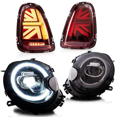 VLAND Scheinwerfer und Rückleuchten Set kompatibel für Mini Cooper R56 R57 R58 R59 2007-2013, Mit E-Prüfzeichen,1 Satz Fahrer- und Beifahrerseite (Scheinwerfer + Rot)