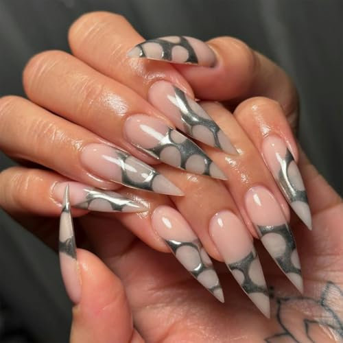 MouyouGlow Long False Nails, Stiletto Nude Chrome Silver Aura Striped Gothic Press on Nails with Nail Glue, Silver Line Fake Nails