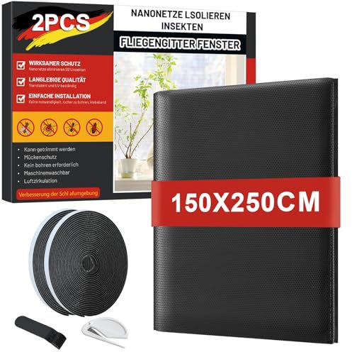 ZUIYIN Moustiquaire pour Fenêtre - 150 x 250 cm 2 Pièces - Noir Filet Anti-Insectes avec Bande Auto-Agrippante - Moustiquaire Adhésive pour Fenêtre