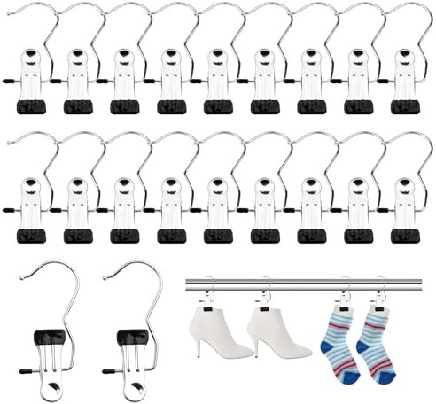 20 Stück Klammerhaken, rutschfest Wäscheklammern Edelstahl, Kleiderbügel Clip 360°Drehbarer, Wäsche Haken Clip für Hosen Schuhe Handtuch, Socken, (Schwarz)
