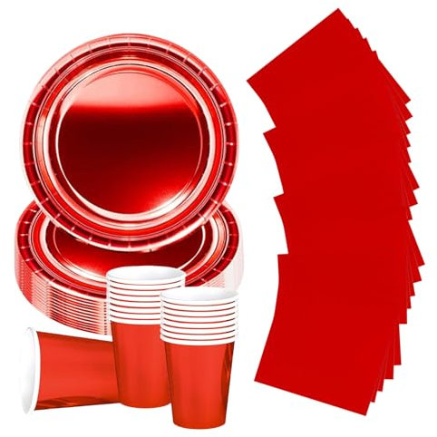 52P Metallic Red Tableware Set for Her,Girl,Women,Red Foil Paper Plates Solid Color RedPaper Cups and Napkin,Sparkling Foils Christmas Dinnerware Sets Cutlery for Xmas,Birthday,Wedding Party Tableware