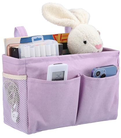 IGNPION Canvas Bedside Hanging Storage Bed Pockets Baskets-Adjustable Hanging Tape Dormitory Bed Organiser Caddy Mulit-purpose Hanging Storage Bag for Home Office School Dorm Hospital, Purple