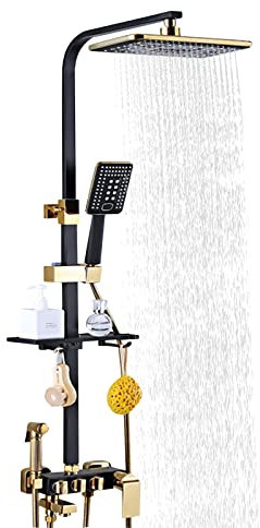 ‌4-in-1 Duschsystem mit Handbrause, Überkopf-Regendusche & Sprühpistole, Höhenverstellbare Duscharmatur mit Wasserhahn und Regal, Schwarz-Gold Wandmontage