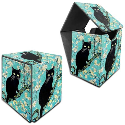 RWUTYTIUL Deck Box für MTG, Karten Aufbewahrungsbox passend für 120+ Hülle, Leder, mittelgroß, starker Magnetverschluss, Kartenetui für Brettspiele, Magic TCG CCG Baseball Collection, Sakura Black Cat