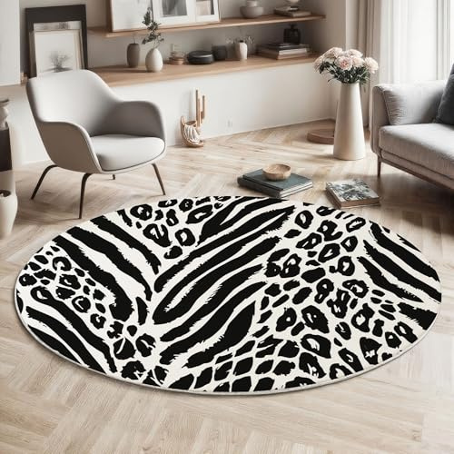 MIATCENRT Waschbarer Rund Teppich Wohnzimmer Schlafzimmer, Leopard Zebra Muster Weich rutschfest Linie Kunst Teppich, 100cm Teppiche Flauschige Matte Kinder Schutzmatten, Schwarz