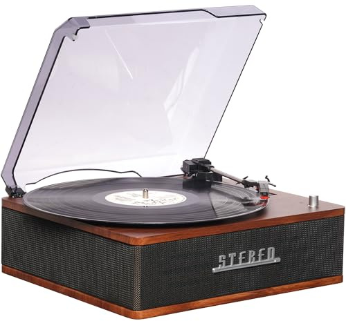Tocadiscos retro con Bluetooth y altavoces integrados, Denver VPB‑262 Multi-Speed Turntable Music System (33 ⅓ / 45 / 78 RPM) con línea de salida y parada automática