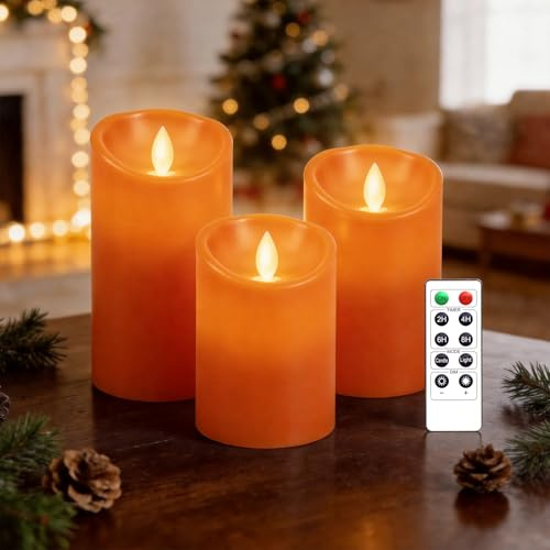 AnnSpa 3 Set LED Kerzen Batteriebetriebene mit Fernbedienung Flammenlose Echtes Wachs Flackern Moving Wick Flackern Amber elektrische Kerzen für Herbst Halloween Thanksgiving Dekorieren - Orange