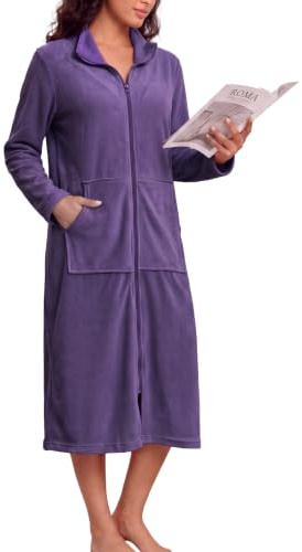 Viakeo Fleece Bademantel für Damen Reißverschluss Nachtkleid Lang Bathrobe Leichtgewicht Hausmantel mit Taschen S-3XL