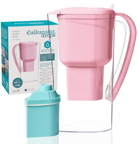 Wasserfilter Kanne Rosa 1,4 L für Leitungswasser pH 9 Ohne BPA Filter | Alkalisches Wasser pH 9 Niedrige Emissionen Aktivkohlefilter 2-Stufige Filtration Gegen Kalk Chlor Schwermetalle BPA-Frei