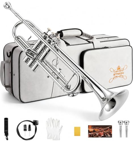 STRICH Bb Standard-Trompeten-Set für Anfänger, Blechblasinstrument für Schüler mit Hartschalenkoffer, Reinigungsset, Mundstücken 7C und 3C, Handschuhen STR-130S, Silber