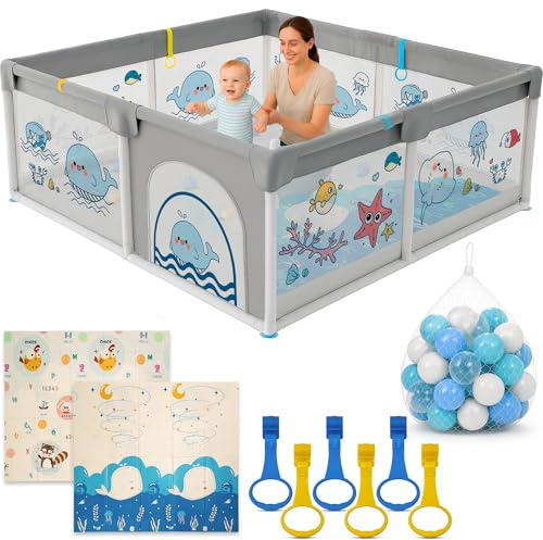Parque Infantil Bebe 150x180cm + Alfombra Bebe + 60 Bolas + Agarraderas + Bolsas de Transporte – Corralito Bebe con Malla Transpirable – Parque de Juegos Bebe – Playpen Bebe (150x180 cm)