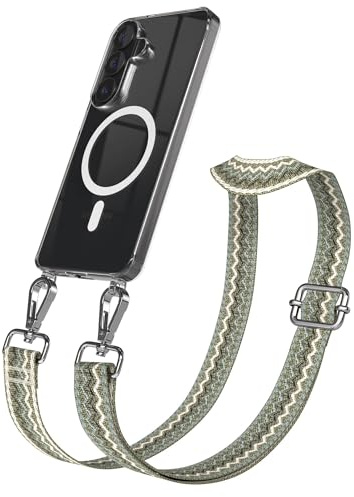 EAZY CASE Handykette - Verstellbares Taschenband kompatibel mit Galaxy S26, Schulterriemen, Handykordel mit Silikon Hülle, Qi Charging kompatibel, Umhängetasche, Grün Beige Silber