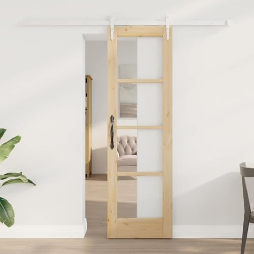 mzdioop Puerta corredera natural 61 x 198,5 cm madera maciza de pino y cristal con riel y ruedas, deslizamiento silencioso para interiores, ahorro de espacio, duradero, diseño moderno para sala de