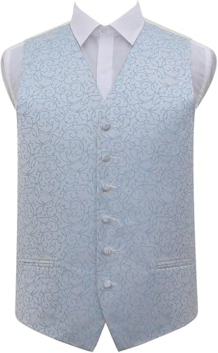 DQT Mens Swirl Floral Jacquard Waistcoat Vest – Wedding Business & Formal Suit Wear - Baby Blue 42 (XL)