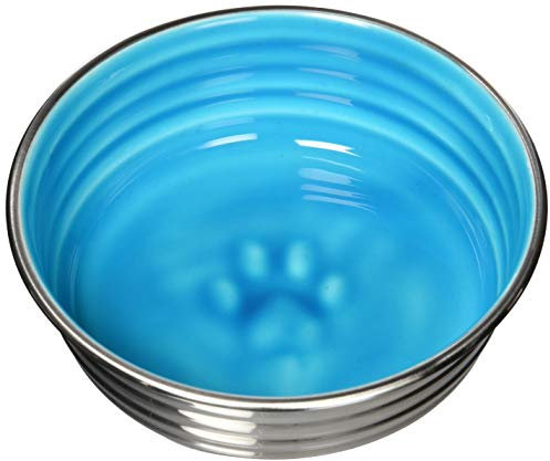 Loving Pets Le Bol Glazed Interior Stainless Steel Dog Bowl Non-Slip Dishwasher Safe Durable Pet Dish - Seine Blue - Small (500 ml)