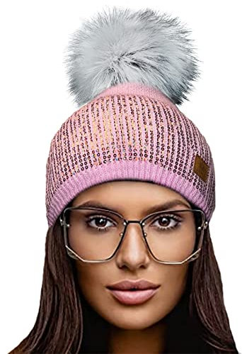 4sold Damen Wurm Winter Style Beanie Strickmütze Mütze mit Fellbommel Bommelmütze Hat Ski Snowboard Pelz Bommel Pompon Kleine Kristalle Sequins Crystals (Rosa)