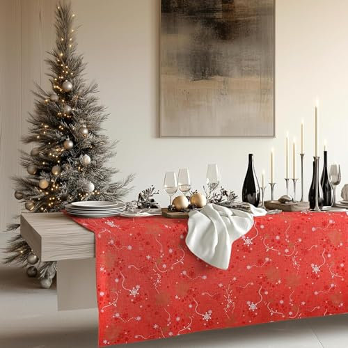 KP HOME Rot Wachstuchtischdecke Weihnachten PVC Tischdecke Abwischbare mit Schneeflocken Gold Sterne Wachstuch Rechteck 250 x 140 Wachstischdecke Wasserdichtes Wachstuchtischdecke Vinyl Tischdecke