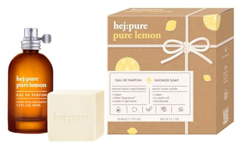 hej:pure Pure Limone, set di cura – EdP 50 ml & sapone doccia 60 g – profumo vegano di agrumi con limone e bergamotto – Cura del corpo sostenibile per uomo e donna