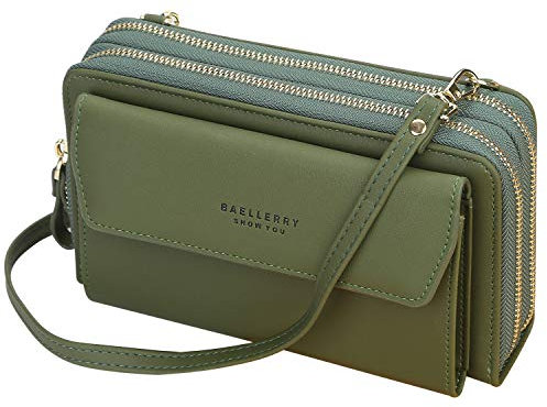 Sacs Bandoulière Femme Pochette Téléphone Portable Sac à Bandoulière pour Téléphone avec Porte Cartes et 2 Fermeture Eclair Femme Portefeuille en Cuir PU avec Longue Réglables Bandoulière (Vert)